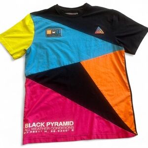 Black Pyramid Geometric Colorblock Tee — Black, Cyan, Orange, Pink, Yellow